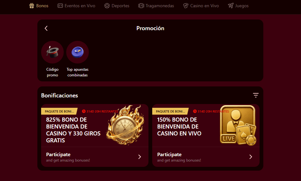 Captura de pantalla del bono y giros gratis de Caposino Casino