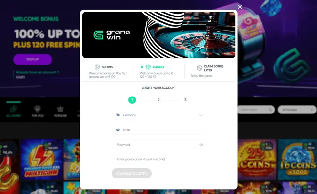 Granawin Casino registration page screenshot
